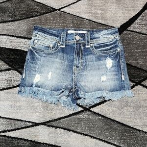 BKE STELLA EMBROIDERED DISTRESSED RAW-EDGE HIGH-WAISTED CONTRAST DENIM S…